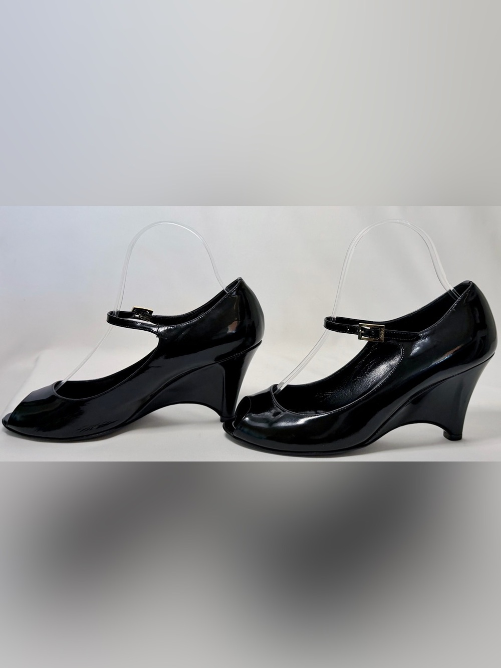 Fendi Vintage Y2K Patent Leather Peep Toe Mary Jane Wedges Heels Black EU 37